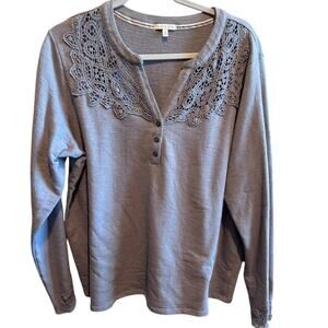 Kate & Sam Gray Long Sleeve 3 Button V-Neck Lace Top Shirt Sz XXL